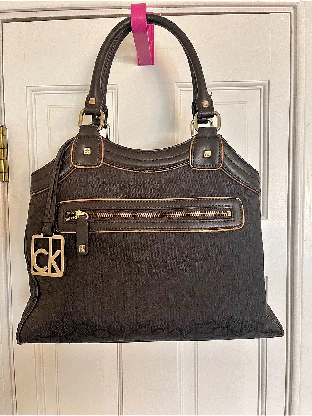Calvin Klein Vintage Brown Jacquard Monogram w/ Satchel Bag Charm
